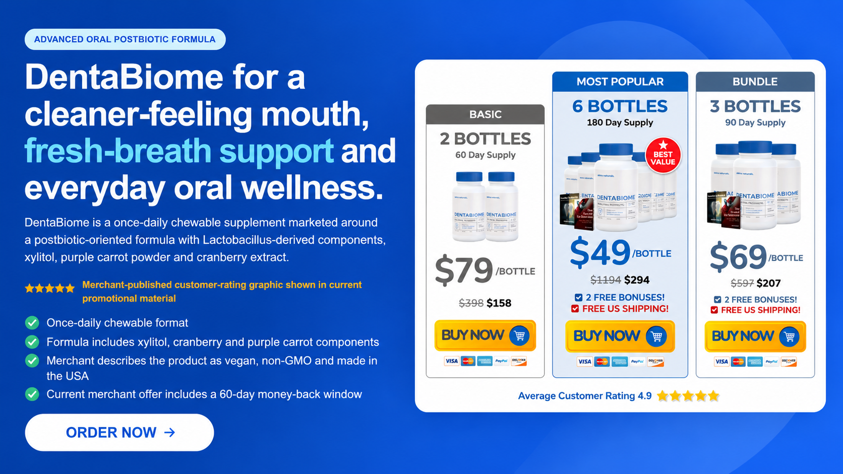 DentaBiome oral wellness guide with current 2-bottle, 3-bottle and 6-bottle package options
